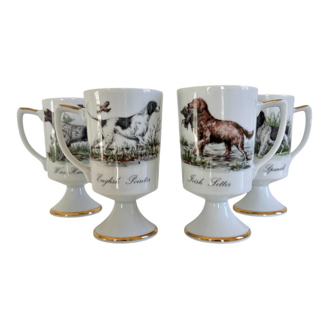 English Traditional Vintage Hand Painted Porcelain Sporting Dog Pedestal Mug Set (4) For Sale