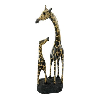 Early 20th Century Giraffe Mother and Baby Wood Sculpture on Custom Base Kenya MATTER COLLECTION For Sale