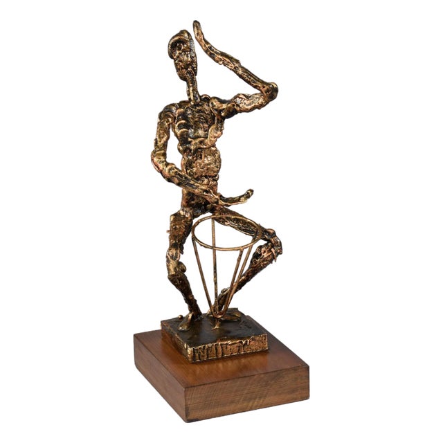 Mid-Century Gold and Black Brutalist Drummer Figurine Sculpture on Wood Pedestal For Sale