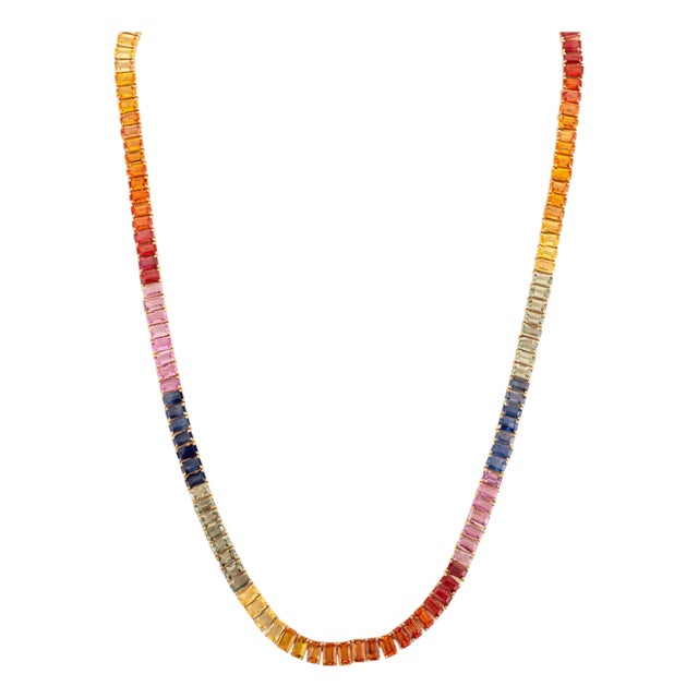 Mid 20th Century 37.66Ct Natural Rainbow Sapphire Tennis Necklace in 14k Gold For Sale