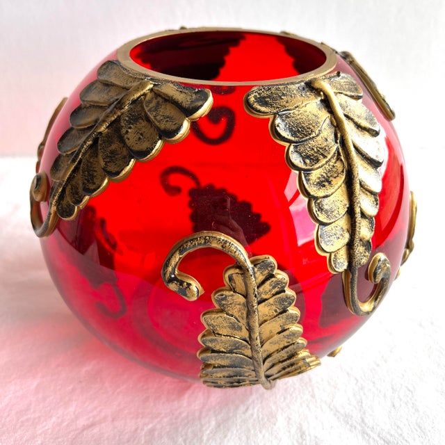 1970s Fifth Ave Crystal Ltd. Red Tealight Candle Potpourri Bowl Vase With Gold Leaves For Sale - Image 12 of 12