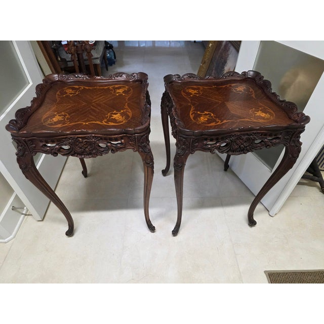 Wood 1940s Pair of Louis XV Style Marquetry Side Tables/End Tables French Rococo Revival For Sale - Image 7 of 9