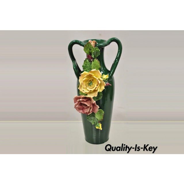 Vtg Victorian Style Green Ceramic Capodimonte 18" Vase With Pink Yellow Flowers For Sale - Image 13 of 13