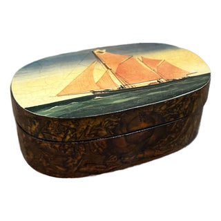 Traditional Nautical Decoupage Tall Sailing Ship Faux Burled Wood Lacquer Box For Sale