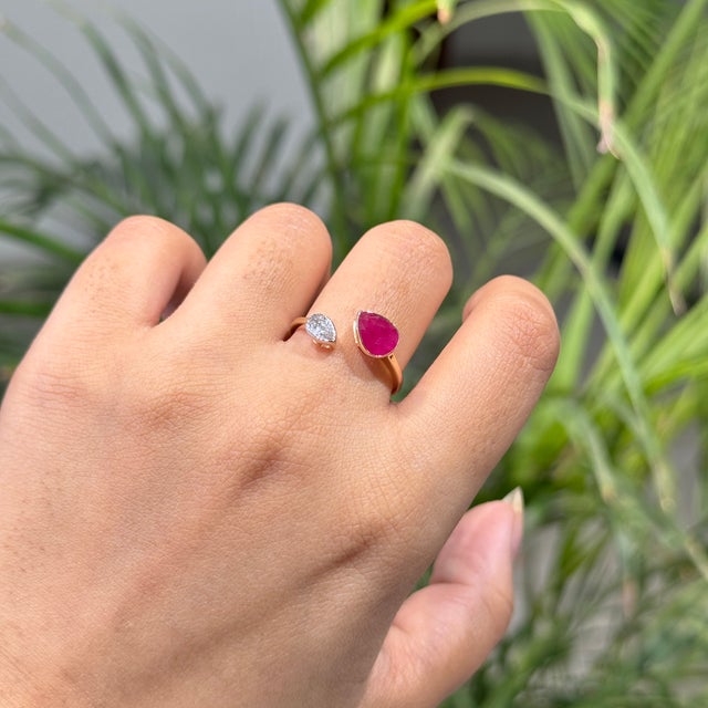 Pear Cut 1.45ct Ruby Diamond Open Face Modern 14k Gold Ring Size 8 For Sale In New York - Image 6 of 18