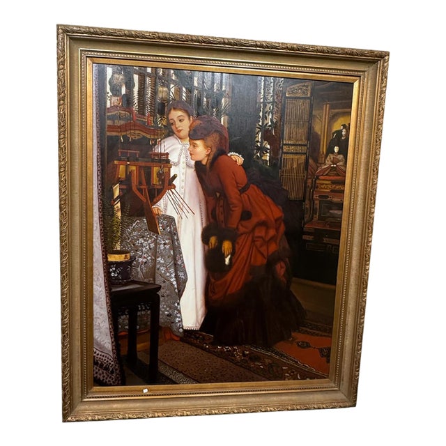 Late 20th Century Large Painting of Two Curious Girls For Sale