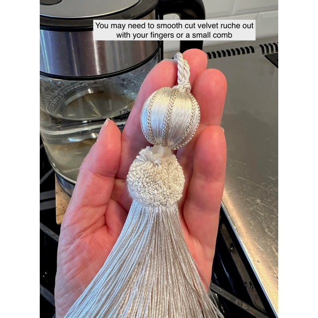 Petite Blue and White Beaded Key Tassel With Velvet Ruche For Sale - Image 12 of 15