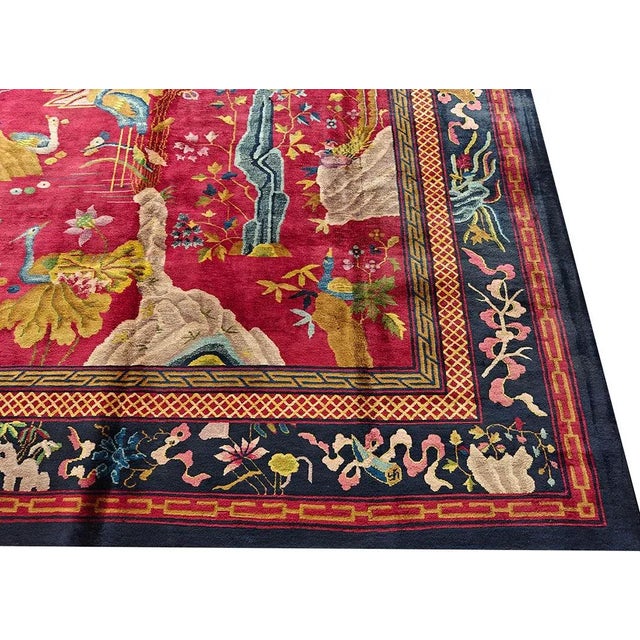 Ruby Red 1920s Ruby Red Scene Floral Antique Chinese Art Deco Carpet 9' X 14' Knotted Wool Rug For Sale - Image 8 of 9
