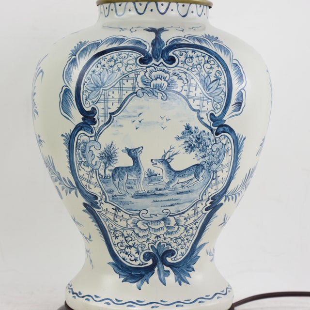 Ceramic Pair of Vintage Hand Painted Blue and Cream Ceramic Table Lamps With Deer and Floral Folk Art Design For Sale - Image 7 of 14