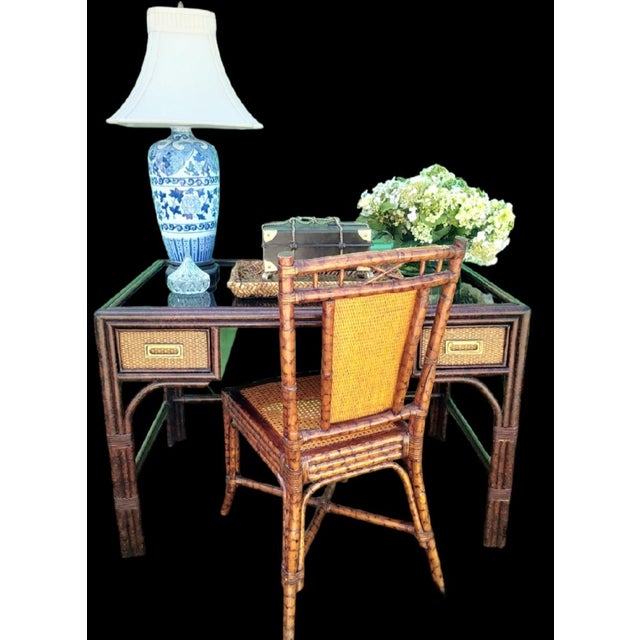 Vintage Cane Tortoiseshell 2 Drawer Campaign British Colonial Black Plexi Glass Top Writing Desk For Sale - Image 10 of 13