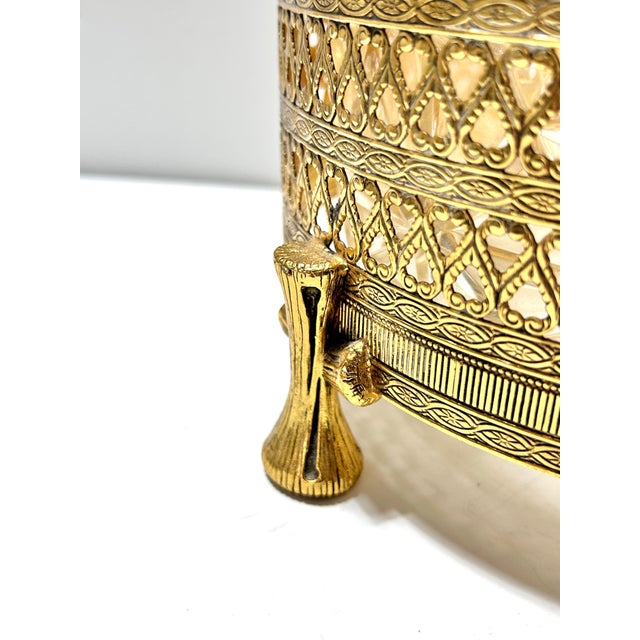 Gold Vintage Hollywood Regency Gold Filigree Wastebasket – Bamboo Style Footed Trash Bin For Sale - Image 8 of 12