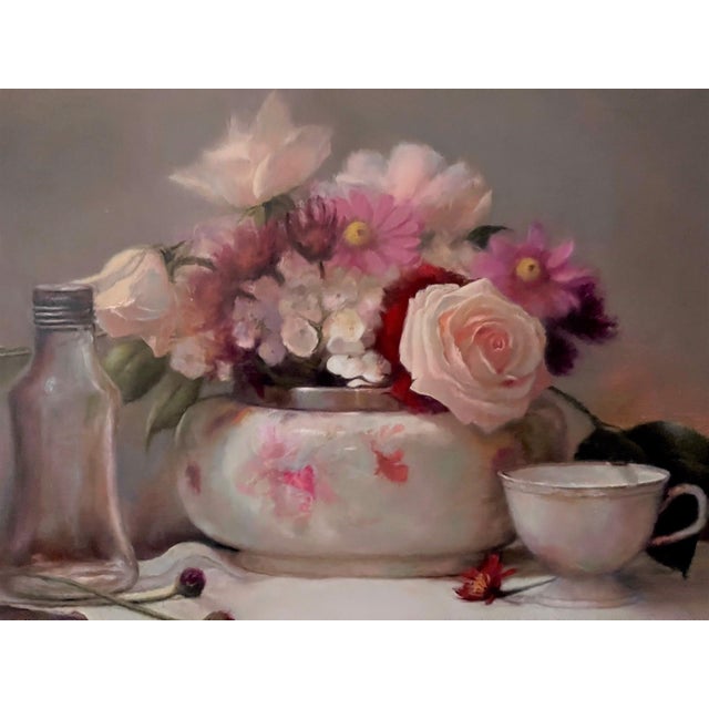 Silver Rimmed Bowl by Marsha Whitesides Piper | Oil on Panel Still life with flowers and a bowl For Sale - Image 4 of 5