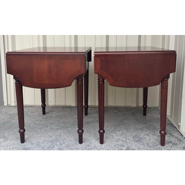 1980s Bombay Company Mahogany Drop-Leaf One-Drawer Side Tables | Federal Style End Tables, a Pair For Sale - Image 5 of 12