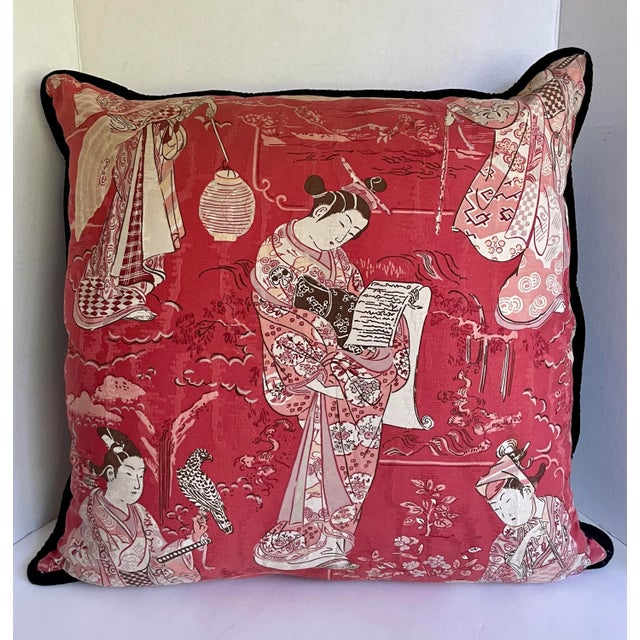 Here is a gorgeous pair of matching pillows made in the late 1990's featuring two types of complementary fabric. One side...