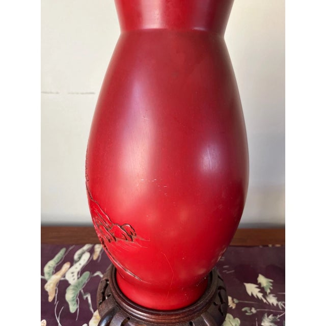 Vintage 12" Hand-Carved Cinnabar Lacquer Vase - Large Landscape & Pine Tree For Sale - Image 9 of 10