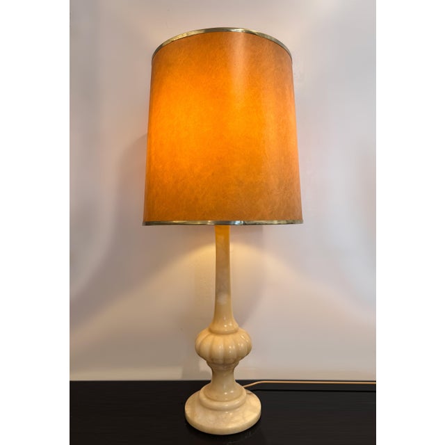 Italian Carrera Marble Table Lamp with Brass Finished Leather Shade, 1970 For Sale - Image 9 of 9
