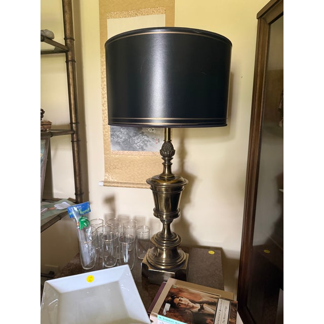 Mid 20th Century Curated Pair of Monumental Vintage Stiffel Neoclassical Brass Table Lamps With Custom Black Shades For Sale - Image 5 of 11
