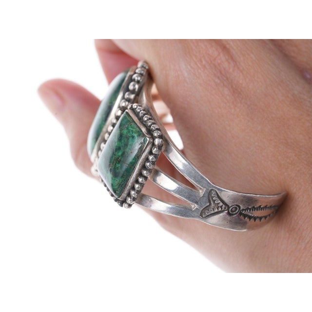 1940s 40's-50's Navajo stamped silver chrysocolla cuff bracelet For Sale - Image 5 of 10