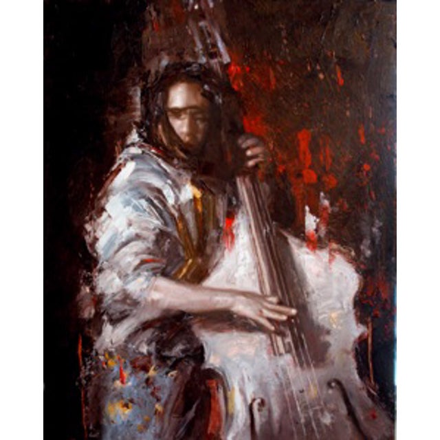 This oil painting features a musician deeply engaged in playing a double bass, captured in a moment of intense...