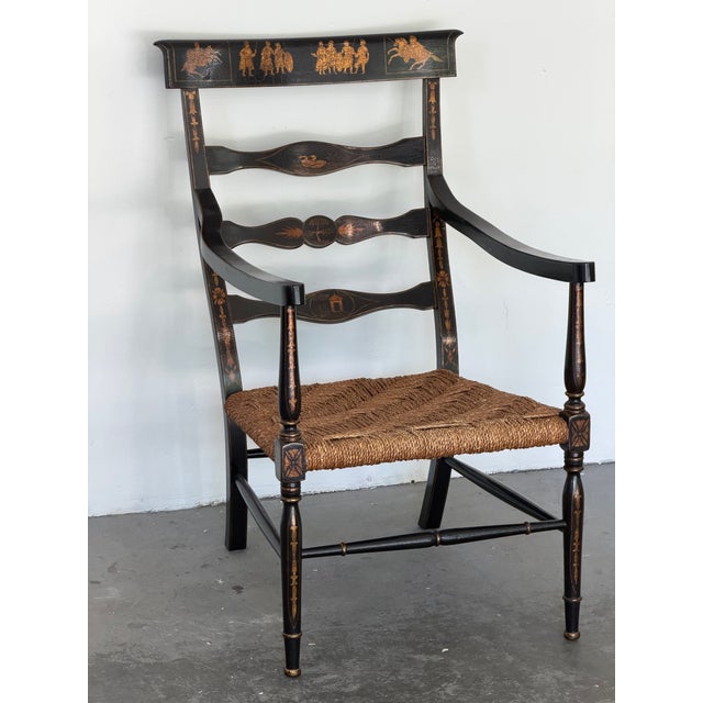 1970s English Regency Style Crackle Finish Chinoiserie & Classical Stenciled Rush Seat Armchair For Sale - Image 5 of 12