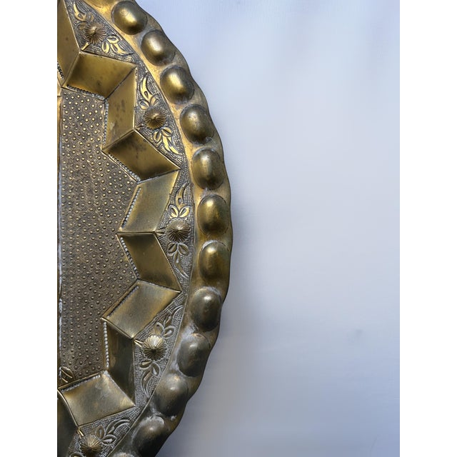 Vintage Pair of Hollywood Regency Moroccan Repoussé Brass Architectural Wall Chargers For Sale - Image 4 of 8