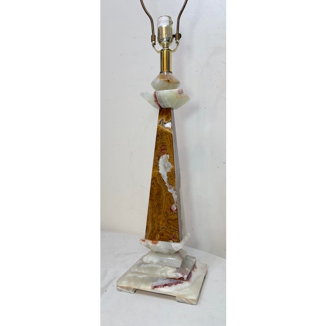 1990s Abstract Large Solid Heavy Brown White Green Onyx Stone Electric Table Lamp Light For Sale - Image 9 of 13