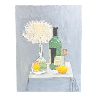 Original Still Life Painting - A Flower, Lemons, and Wine For Sale