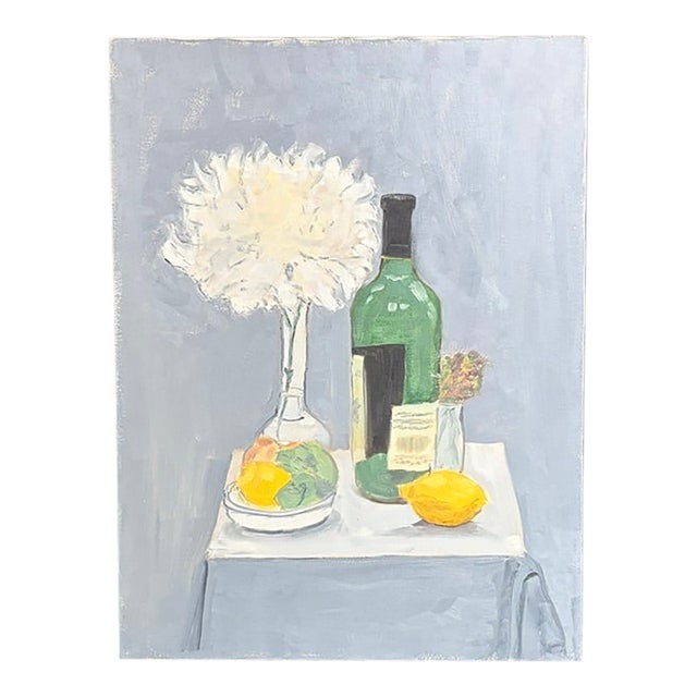 Original Still Life Painting - A Flower, Lemons, and Wine For Sale
