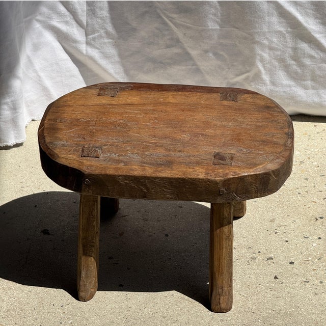 Small Wabi-Sabi Oval Teak Occasional Stool For Sale - Image 15 of 18