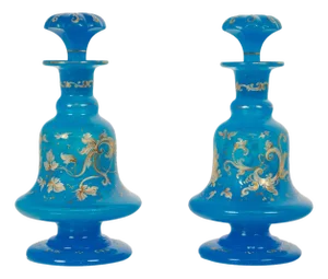 Antique Pair of French Blue Opaline Gilded Enamel Glass Perfume Bottles Flacon 1850
