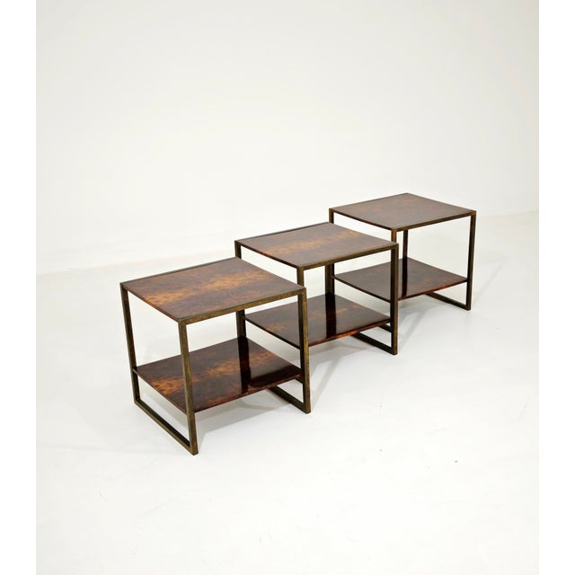 Mid-Century Modern Brass and Wood Coffee Tables, Italy, 1970s, Set of 3 For Sale - Image 4 of 14