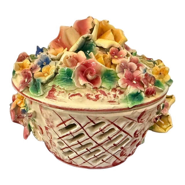 Vintage Italian Capodimonte Porcelain Flower Basket Box With Applied Roses For Sale