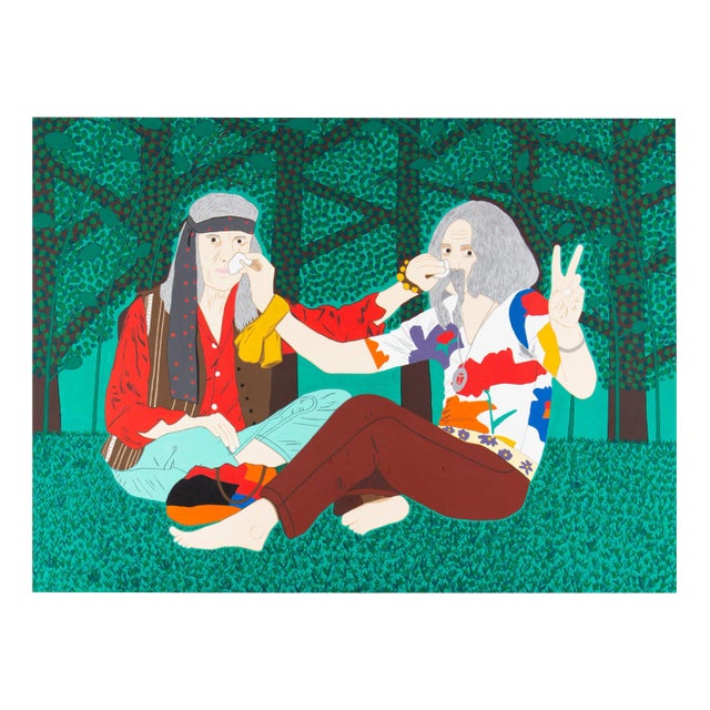 Péter Hecker, Two Old Hippies with Hay Fever Wiping Each Other's Noses, Oil on Canvas For Sale