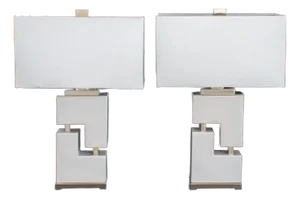 White Geometric Table Lamps, Pair