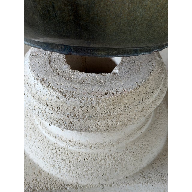 Large Green Drip Glaze Ceramic Planters on Cast Stone Pedestals-Pair For Sale - Image 9 of 12