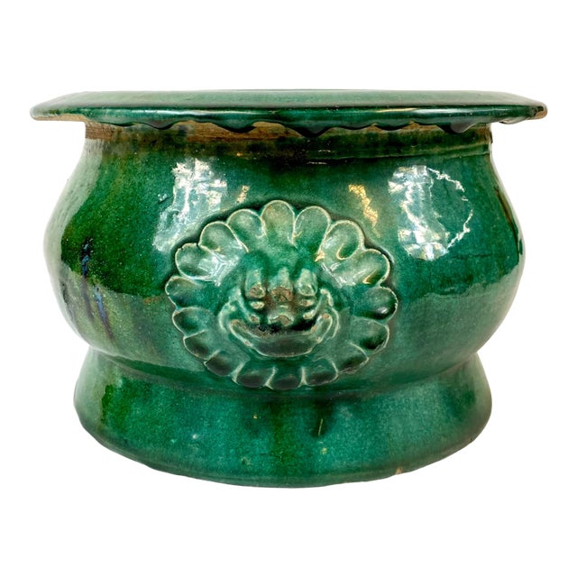 19th Century Chinese Green Ceramic Planter With Lion Heads For Sale