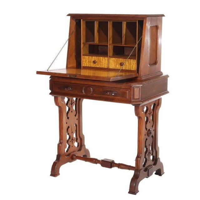 Antique Walnut, Birds Eye Maple & Burl Lady’s Drop Front Desk With Carved Pulls C1890 Measures - 46 3/4" x 29 3/4" x 20...