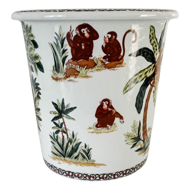 Slender Vintage Chinoiserie Porcelain Monkey Motif Cachepot For Sale
