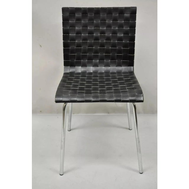 Mid-Century Modern Late 20th Century Contemporary Modern Black Woven Leather Chrome Frame Dining Chairs - Set of 4 For Sale - Image 3 of 9