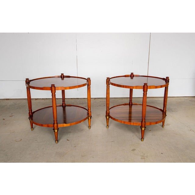 Baker Vintage Two Tier Flame Walnut Side Table or Gueridon Table With Elegant Reeded Legs Finished With Brass Detailing....