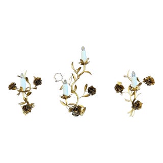 Antique French Tole Floral Wall Sconces, Gilt Iron, Rewired (1 Double, 2 Single) - Set of 3 For Sale