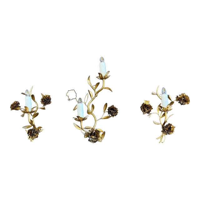 Antique French Tole Floral Wall Sconces, Gilt Iron, Rewired (1 Double, 2 Single) - Set of 3 For Sale