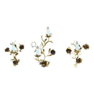 Antique French Tole Floral Wall Sconces, Gilt Iron, Rewired (1 Double, 2 Single) - Set of 3