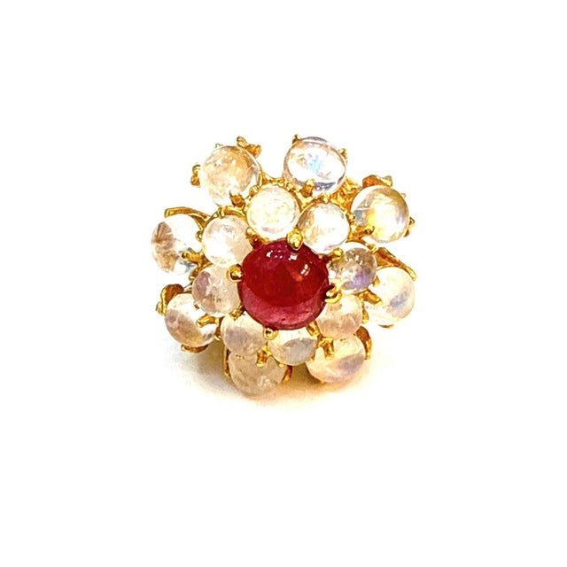 Ruby Red Bochic "Orient" Vintage Bubble Cabochon Ruby & Moon Stone Ring Set 18K Gold & Silver For Sale - Image 8 of 18