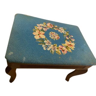 French Country Victorian Blue Needlepoint Footstool For Sale