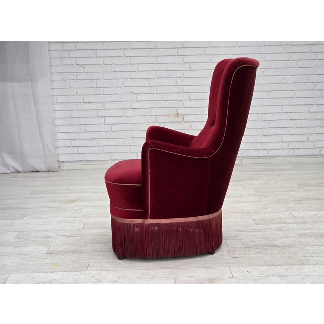 Red Danish Armchair in Cherry-Red Velour with Ash Legs, 1970s For Sale - Image 8 of 17