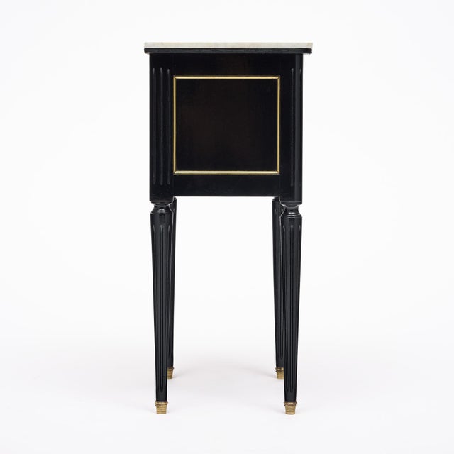 Black Pair of French Louis XVI Style Ebonized and Brass Marble-Top Side Tables For Sale - Image 8 of 9