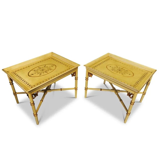 A pair of julian chichester faux bamboo tray top side tables on x-frame bases designed in the style of thomas chippendale,...