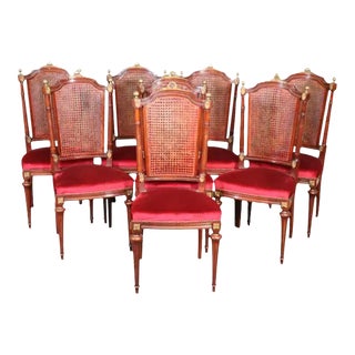 French Louis XVI Style Mahogany Cane Back Dining Chairs with Ormolu - Set of 8 For Sale
