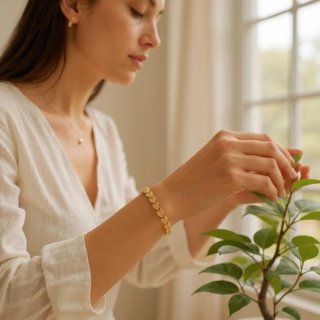 Gold 14k Yellow Gold Leaf Motif Stacking 7.5" Bracelet Etched Reflective Accents For Sale - Image 8 of 10